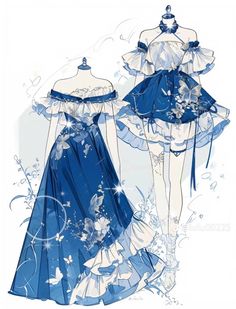 two dresses are shown in blue and white