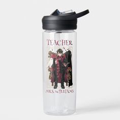 a glass water bottle with an image of two people in costumes on the front and back