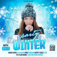 the winter party flyer is shown with a woman wearing a hat and holding her hands to her mouth