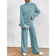 Season:Winter,Fall; Fabric:Polyester; Sleeve Length:Long Sleeve,Long Pant; Gender:Women's; Nightwear Style:Loungewear,Sets; Style:Casual,Comfort,Soft; Elasticity:Micro-elastic; Tops Type:Sweater; Occasion:Street,Daily,Going out,Home; Age Group:Adults; Function:Breathable; Pattern:Pure Color; Neckline:High Neck; Bottom Type:Pant; Listing Date:11/08/2023 Drop Shoulder Top, Loose Trousers, Korean Casual, Top And Pants Set, High Neck Sweater, Estilo Chic, Mint Blue, Loose Sweater, Sleeves (women)