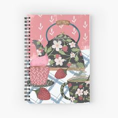 a teapot with strawberries and flowers on it spiral notebook