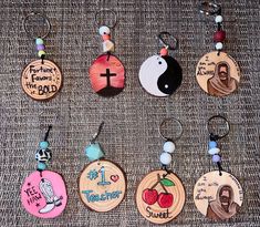 Hand Painted Keychains  made from wood slices with silicone and acrylic beading  One of a kind Keychain Painting, Small Keychain, Wood Slices, Wood Burning, Halloween Shopping, Lanyard, Keychains, Beading, Hand Painted