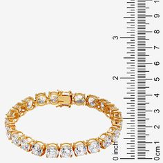 Features: Quick ShipCircumference: 7 1/2 InchJewelry Closure: Box ClaspLink Construction: SolidSetting: ProngShape: RoundStone Cut: RoundMetal Color: YellowChain Length: 7 1/2 InchChain Width: 8 MillimetersRounded Carat Weight: Greater Than 6 Ct. T.w.Chain Construction: LinkCare: Wipe CleanStone Type: 22 Cubic ZirconiaBracelet Type: Tennis BraceletsMetal: 14k Gold Over SilverIs Beaded: NoCountry of Origin: Imported Gold Round Crystal Bracelet In Classic Style, Round Cubic Zirconia Gold Bracelet For Anniversary, Gold Cubic Zirconia Bracelet With Prong Setting, Round Gold Bracelet With Cubic Zirconia For Anniversary, Round Gold Cubic Zirconia Bracelet For Anniversary, Tarnish Resistant Diamond Tennis Bracelet, Gold Bracelets With Cubic Zirconia In Prong Setting, Gold Cubic Zirconia Bracelet For Anniversary, Tarnish Resistant Tennis Bracelet For Anniversary