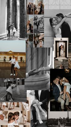 a collage of black and white photos with people in them, including the bride and groom