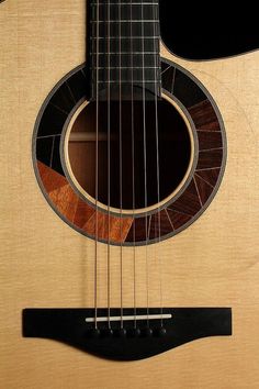 an acoustic guitar is shown in close up