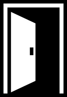 an open door is shown in the middle of a black and white background with text