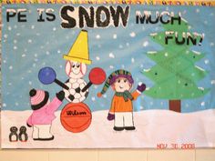 a bulletin board with children playing in the snow