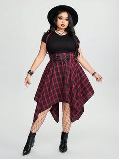 Plus Size Women's Plaid Crisscross Tie & Asymmetrical Hem Skirt, School Red Casual  Sleeveless Woven Fabric Plaid A Line Non-Stretch  Women Plus Clothing, size features are:Bust: ,Length: ,Sleeve Length: Plus Size Cute Dress, Goth Jumpsuit Outfit, Plus Size Alt Style, Goth Clothes Plus Size, Curvy Goth Fashion, Plus Size Queer Fashion, Casual Goth Outfits Plus Size, Plus Size Punk Outfits, Chubby Alternative Fashion