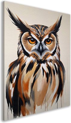 an owl with orange eyes is shown in this painting