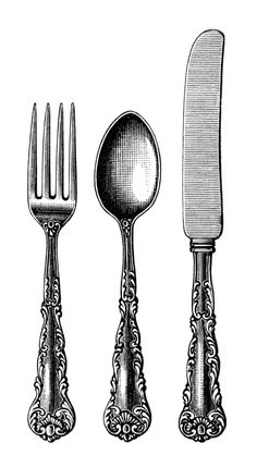 three forks and two spoons are shown in this engraving - style drawing, vintage line drawing or engraving illustration