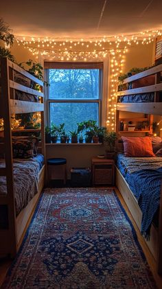 Cozy boho dorm room with string lights, wooden bunk beds, blue accents, plants, and warm lighting in a dark academia style. Bunk Beds Aesthetic, Ikea Dorm Room Ideas, Vintage Dorm Room Ideas, Dorm Inspo Aesthetic, Dorm Inspo Cozy, Plants On Shelves, Ikea Dorm, Cozy College Dorm, Boho Dorm Room Ideas