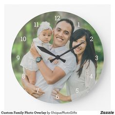 a clock with a family photo on the front and back of it that says custom family photos overlay by uniquephoto