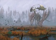 a painting of a swampy area with birds flying over it