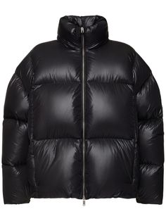 High collar with concealed hood. Front zip closure. Snap button cuffs. Internal drawstring. Two front pockets. One internal pockets. Down feather filling. Model is wearing a sizeXS Versace Brand, Ski Accessories, Black Down, Down Feather, Shearling Jacket, Swim Accessories, Long Sleeves Jacket, Heeled Loafers, Ski Wear