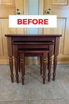 three wooden tables sitting on top of each other in front of a door with the words before