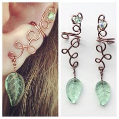 two pictures of different types of earrings and one has a leaf charm attached to it