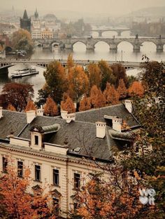 a view of a bridge over a river with buildings and trees in the foreground