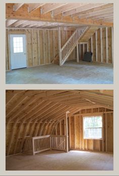 two pictures of the inside of an unfinished house with wood framing and stairs leading up to the second floor