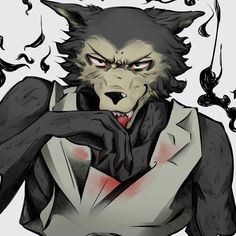 a drawing of a wolf wearing a suit and holding his hands to his face with one hand