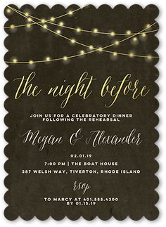 the night before wedding reception card is shown with string lights on black paper and gold foil