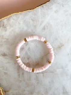 6mm Light Pink Heishi Beaded Bracelet | Handmade Jewelry | Pink and Gold Bracelet | Vinyl Disc Bracelet | Colored Heishi Beads | Clay Disc Pink Rondelle Beaded Bracelets, Hand-strung, Pink Hand-strung Rondelle Beaded Bracelets, Pink Rondelle Beaded Bracelets, Colorful Heishi Beads Bracelet, Pink Rondelle Beaded Bracelets For Gifts, Stretch Bracelet With 8mm Heishi Beads, Pink Rondelle Beaded Bracelets As Gift, Initial Bracelet Gold, Beads Clay