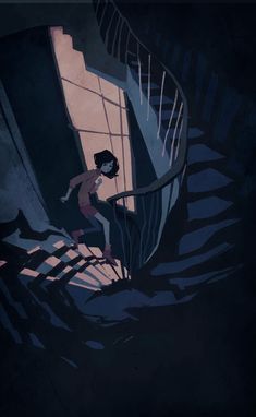 an animated image of a person climbing up the side of a stair case in front of a window