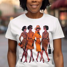 This ADULT UNISEX shirt showcases a fashion illustration of 4 vintage style black women dressed in animal prints. Crafted with care from 100% soft cotton, this tee offers unbeatable comfort and is ready to wear. Available in a variety of sizes and colors, even those not shown. With side seams for enhanced durability, this tee is a versatile addition to your wardrobe. Check our measurement chart to ensure a perfect fit and wear your pride with this striking tee. Embrace the essence of wild old sc Fitted T-shirt With Vintage Print And Short Sleeves, Retro Fitted Printed T-shirt, Fitted Vintage Print T-shirt For Spring, Vintage Fitted T-shirt With Funny Print, Fitted Graphic Tee With Print, Fitted Printed Graphic Tee, Fitted Printed Graphic Tee Shirt, Fitted Graphic Tee Shirt, Fitted Graphic Tee With Sublimation Print