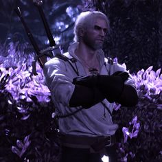 a man with white hair holding two swords in front of purple plants and bushes on the ground