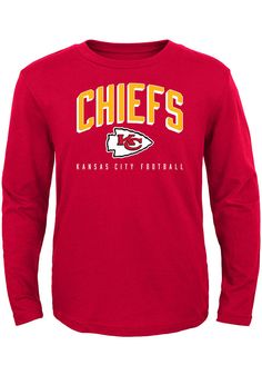 Kansas City Chiefs Toddler Red Arched Standard Long Sleeve T-Shirt - 133402587 Red Cotton T-shirt For Fall, Long Sleeve Screen Print T-shirt For Game Day, Red Screen Print T-shirt For Fall, Red Fan Apparel T-shirt For Fall, Red T-shirt For Fall Game Day, Red Long Sleeve T-shirt With Screen Print, Red Long Sleeve T-shirt With Letter Print, Game Day Logo Print T-shirt For Fall, Red Long Sleeve Top With Text Print