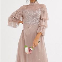 Never Worn!! Beautiful Dress For A Wedding, Event, Etc. Feminine Beige Midi Dress For Wedding, Beige Feminine Midi Dress For Wedding, Glamorous Midi Wedding Dress, Pink Embellished Midi Dress For Wedding, Beige Midi Dress For Wedding, Embellished Feminine Wedding Dress, Feminine Embellished Wedding Dress, Glamorous Beige Wedding Dress, Glamorous Midi-length Evening Dress For Wedding