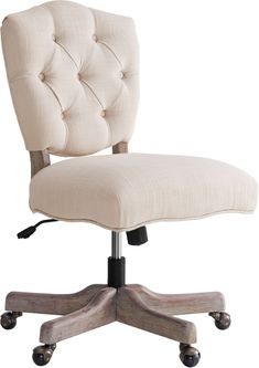 an upholstered office chair with casteors and wheels on the back, viewed against a white background