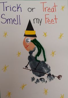 a child's drawing of a person on skis with the words trick or treat my feet