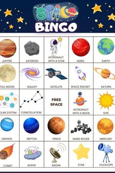 the space bingo game with planets, stars and other things to play on it's board