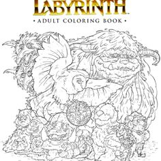 an adult coloring book with the title's image in black and white, featuring characters from