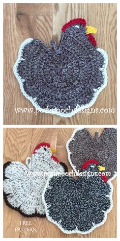 crocheted chicken placemats are on the floor and one has a red tail