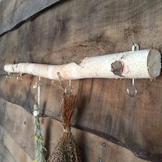 three dried herbs hanging from hooks on a wooden wall