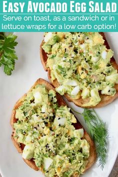 avocado egg salad toast on a white plate with text overlay that reads avocado egg salad toast no mayo healthy easy to make