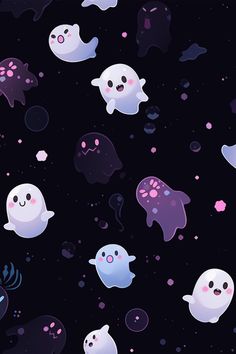 a group of ghost floating in the air on a black background with pink and blue bubbles