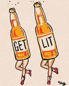 two beer bottles with the words get lit written on them, one is jumping and the other is running