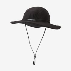 the patagonia hat is black with white writing on it