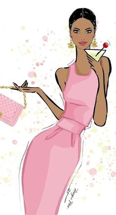 a woman in a pink dress is holding a purse and a piece of cake with a cherry on it