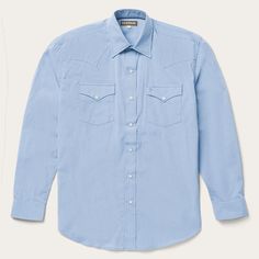 A tried-and-true Western classic in a fitted, modern cut — this is the kind of resilient and dependable shirt you’ll reach for every morning. It’s made from soft, lightweight, and tough cotton that hangs well while keeping its shape and only gets better with age. Two snap-closure pockets, a spread collar, and a one-point ultra-deep back yoke give this button-down the perfect dose of character.Iconic Western details include Stetson-branded snap buttons on the front placket, cuffs, and pockets, as Fitted Light Blue Top With Spread Collar, Custom Fit Long Sleeve Cotton Shirt, Custom Fit Cotton Long Sleeve Shirt, Classic Light Blue Shirt, Classic Light Blue Cotton Shirt, Classic Unstructured Long Sleeve Tops, Classic Blue Relaxed Fit Dress Shirt, Collared Shirts, Pearl Snap Shirt