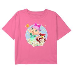 Get ready to celebrate your favorite Nintendo game, Animal Crossing New Horizons, with an officially licensed Nintendo Animal Crossing Girly Villager Girls' Graphic Cropped T-Shirt! The villager, Celeste, and an adorable owl friend are featured together with stars and cute flowers in a circle frame on this girls' tee that is perfect for Animal Crossing fans everywhere. Fall in love with a Nintendo today with this fun Animal Crossing design. Kawaii Cartoon Print T-shirt For Fans, Kawaii T-shirt With Cartoon Print For Fans, Fun Short Sleeve T-shirt With Anime Print, Playful Pink Tops With Character Print, Fun Pink Top With Sublimation Print, Fun Pink Tops With Sublimation Print, Character Style Cotton Short Sleeve Tops, Playful Cotton Top With Anime Print, Short Sleeve T-shirt With Character Print