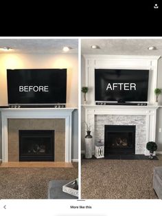 before and after pictures of a living room with fireplace, tv, and couches