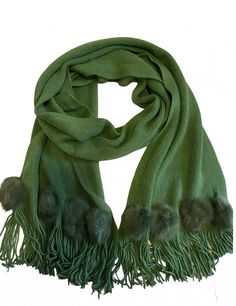 New trend green Italian Passigatti acrylic scarf with real rabbit fur pom poms. Impressive, exellent quality New Green, New Trend, Fur Pom Pom, Rabbit Fur, Newest Trends, Pom Poms, New Trends, Scarf Wrap, Women's Accessories