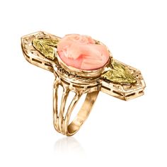 Ross-Simons - C. 1970 Vintage Orange Coral Cameo Ring in 10kt Two-Tone Gold. Size 5. C. 1970. An ode to the refinement and class of portrait art, this Estate collection ring presents a 10x8mm oval orange coral carved with a highly detailed cameo of a lovely woman. Finely crafted in polished 10kt yellow and rose gold and boasting a unique linear design that spans the finger. 1 1/16" wide. Orange coral cameo ring. Exclusive, one-of-a-kind Estate Jewelry. Giraffe Art, Linear Design, Orange Coral, Cameo Ring, Vintage Orange, Portrait Art, Estate Jewelry, Two Tone, Fine Jewelry