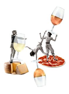 three wine glasses with people jumping over them and cheese on the floor next to each other