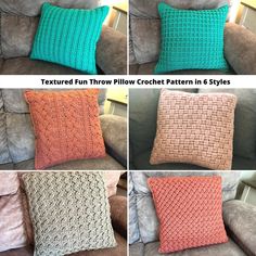 four different pillows on a couch with the same color as they appear to be crocheted