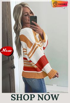 Orange Striped Pattern Knit Sweater Casual Orange Knit Top For Fall, Thick Sweater, Bodycon Floral Dress, Corsets And Bustiers, Thick Sweaters, Chambray Dress, Sweater Dress Midi, Denim Coat Jacket, Mini Shift Dress