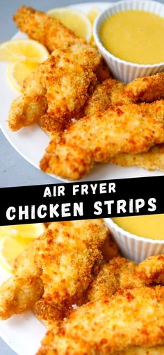 air fryer chicken strips on a plate with dipping sauce